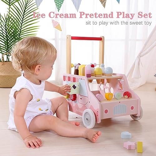 labebe Wooden Baby Walker with Wheels for Girls 12 Months, Baby Push Walker for 1 Year Old Sit to Stand Walker for Baby Girl/Boy, Ice Cream Cart for Kids Age 1-3Y, Toddler Pretend Play Dessert Truck