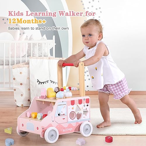 labebe Wooden Baby Walker with Wheels for Girls 12 Months, Baby Push Walker for 1 Year Old Sit to Stand Walker for Baby Girl/Boy, Ice Cream Cart for Kids Age 1-3Y, Toddler Pretend Play Dessert Truck