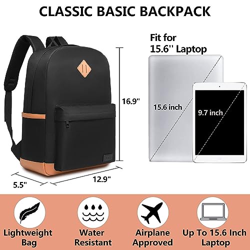 Black Laptop Backpack for Women - 15.6 inch Classic Basic College Student with Computer Compartment Casual Travel Bookbag Business Waterproof Work Bags for Adult Men Lightweight School Daypack