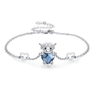 justkidstoy highland cow bracelet 925 sterling silver cute cow charm adjustable chain bracelet with crystal highland cow jewelry birthday gifts for women girls