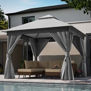 lausaint home outdoor patio gazebo 10'x10' with expansion bolts, heavy duty gazebos shelter party tent with double roofs, mosquito nettings and privacy screens for backyard, garden, lawn, smoke grey