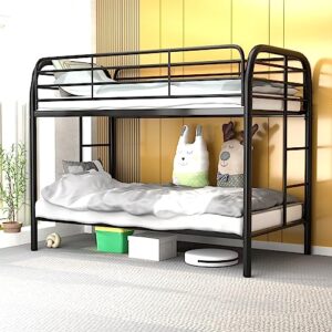 gangmei latest version twin over twin bunk bed with enclosed guardrail, full over full bunk bed for kids boys girls teens adults, heavy duty metal frame, double sided ladder, black