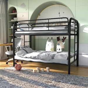 GangMei Latest Version Twin Over Twin Bunk Bed with Enclosed Guardrail, Full Over Full Bunk Bed for Kids Boys Girls Teens Adults, Heavy Duty Metal Frame, Double Sided Ladder, Black