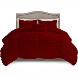 ornate bedding 100% egyptian cotton 600tc decorative 3-piece soft luxurious duvet set ruched ruffle designer comforter cover & pillow shames with zipper & corner ties, full/queen (burgundy)