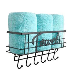 happyhapi towel rack for bathroom, towel rack with metal shelf and 6 hooks, bath towel holder, towel holder, bathroom towel storage, towel storage wall can holds up to 3 large of rolled towels, black