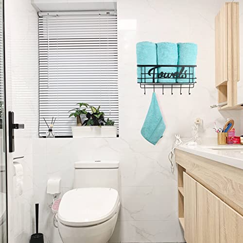 Happyhapi Towel Rack for Bathroom, Towel Rack with Metal Shelf and 6 Hooks, Bath Towel Holder, Towel Holder, Bathroom Towel Storage, Towel Storage Wall Can Holds Up to 3 Large of Rolled Towels, Black