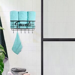 Happyhapi Towel Rack for Bathroom, Towel Rack with Metal Shelf and 6 Hooks, Bath Towel Holder, Towel Holder, Bathroom Towel Storage, Towel Storage Wall Can Holds Up to 3 Large of Rolled Towels, Black