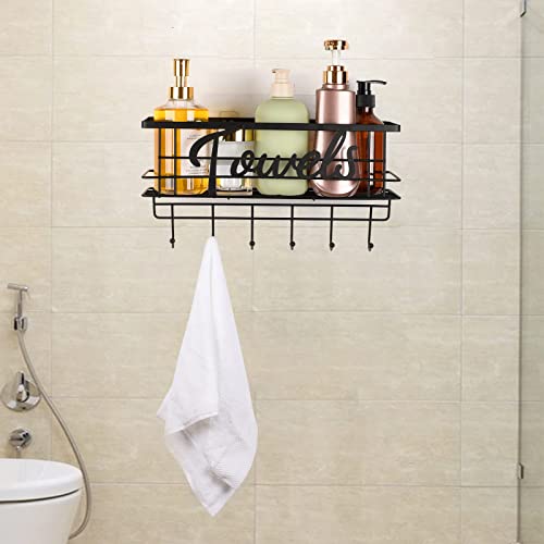 Happyhapi Towel Rack for Bathroom, Towel Rack with Metal Shelf and 6 Hooks, Bath Towel Holder, Towel Holder, Bathroom Towel Storage, Towel Storage Wall Can Holds Up to 3 Large of Rolled Towels, Black