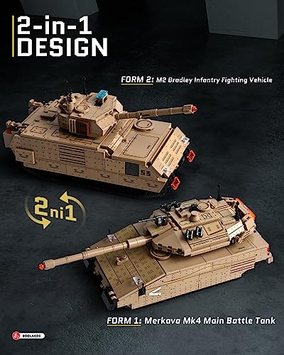 BOOLAKOS Merkava Mark IV, Convertible Merkava Mk4 Main Battle Tank and M2 Bradley Infantry Fighting Vehicle Model, 2 in 1 Military Building Block Set for Adult Gift Giving (659 Pieces)