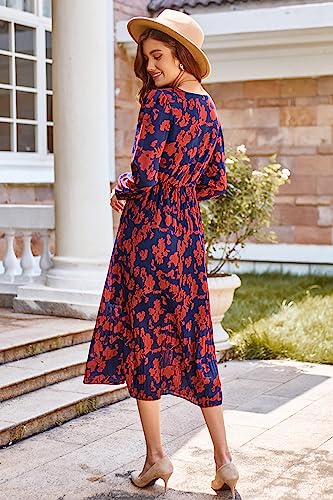 GRACE KARIN 2023 Women's Floral Print Dress V Neck Long Lantern Sleeve Bohemian Dress Elegant Flowy Dress Navy Blue XL