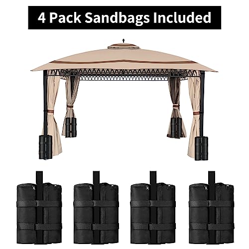 CHARMELEON 11x13 Gazebo for Patio, Gazebo with Curtains & Netting & Sandbags, Double Tier Roof with Herringbone Beam Marquee Canopy for Garden, Deck, Backyard, Lawn (Khaki)