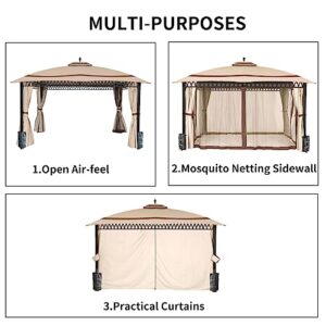 CHARMELEON 11x13 Gazebo for Patio, Gazebo with Curtains & Netting & Sandbags, Double Tier Roof with Herringbone Beam Marquee Canopy for Garden, Deck, Backyard, Lawn (Khaki)