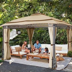 CHARMELEON 11x13 Gazebo for Patio, Gazebo with Curtains & Netting & Sandbags, Double Tier Roof with Herringbone Beam Marquee Canopy for Garden, Deck, Backyard, Lawn (Khaki)