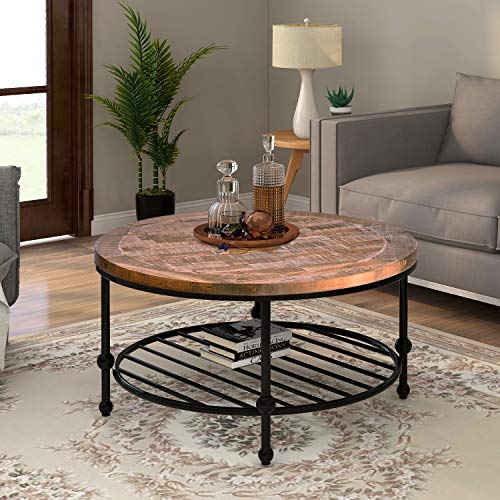 HEPMIMZHU 2-Tier Brown Vintage Wooden Coffee Table Retro Wood Table Top & Metal Legs Cocktail Table for Living Room Bedroom Office (Brown6)