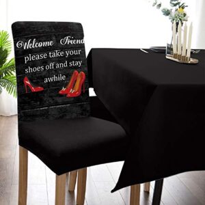 Chair Cover Red High Heels Dining Chair Slipcovers Funny Quote Wood Grain Vintage Stretch Removable Chair Seat Protector Party Decoration