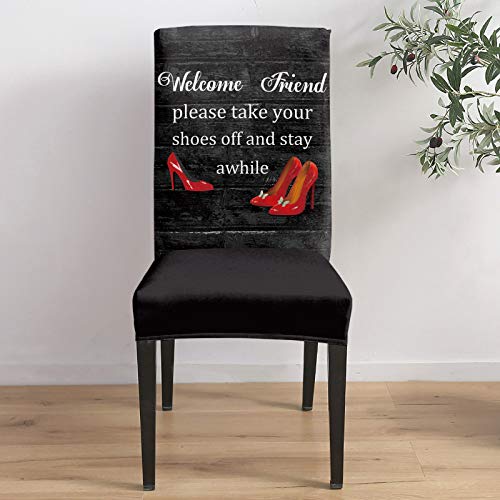 Chair Cover Red High Heels Dining Chair Slipcovers Funny Quote Wood Grain Vintage Stretch Removable Chair Seat Protector Party Decoration