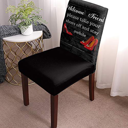 Chair Cover Red High Heels Dining Chair Slipcovers Funny Quote Wood Grain Vintage Stretch Removable Chair Seat Protector Party Decoration