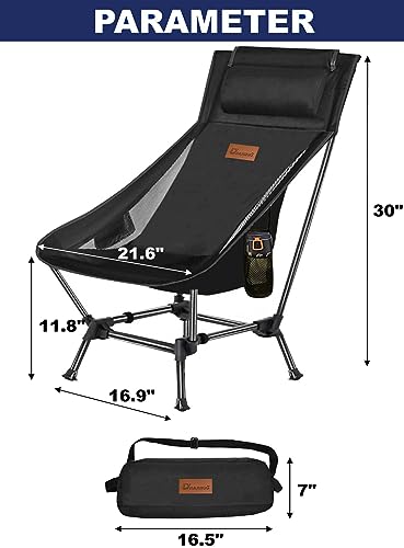 DRAXDOG Camping Chair, 2 Way Compact Backpacking Chair, Portable Folding Chair, Beach Chair with Side Pocket, Lightweight Hiking Chair 0011 (Black)