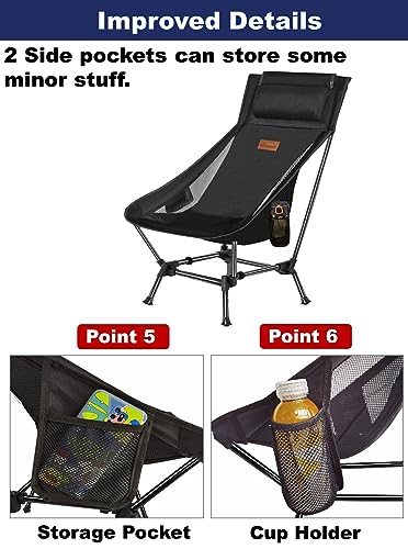 DRAXDOG Camping Chair, 2 Way Compact Backpacking Chair, Portable Folding Chair, Beach Chair with Side Pocket, Lightweight Hiking Chair 0011 (Black)