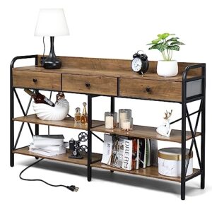 karl home console table with usb ports and outlets, entryway table sofa table tv stand with 3 fabric drawers 3 tiers storage shelves, industrial entry desk for living room couch hallway vintage brown