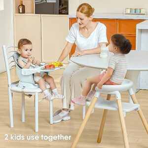 Wooden Baby High Chair, 11 in 1 Convertible Chair for High Chair, Booster Seat, Toddler Chair, for 2 Babies Use Together, Double Tray Highchair with 5-Point Harness & Clean Easily PU Cushion