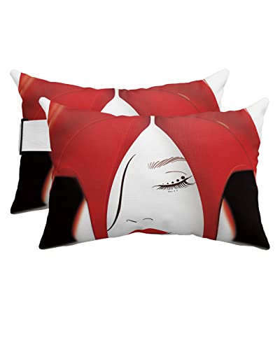 YOKOU Throw Pillow Covers Cases, Sexy Red High Heels Fashion Woman Face Durable Waterproof Cushion Covers with Strap, Ideal for Couches, Cars and Beach Chairs, 2pcs-12"X20"