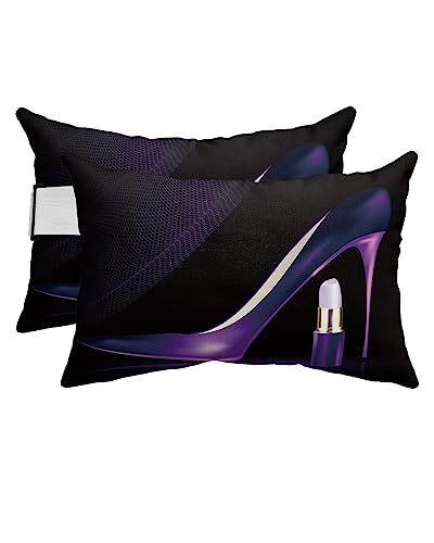 YOKOU Throw Pillow Covers Cases, Purple Lipstick and High Heel Black Durable Waterproof Cushion Covers with Strap, Ideal for Couches, Cars and Beach Chairs, 2pcs-12"X20"