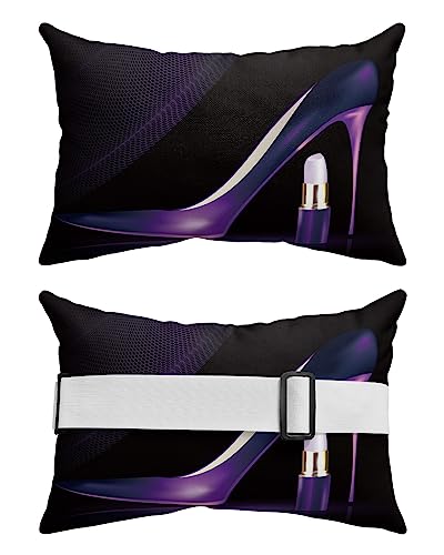 YOKOU Throw Pillow Covers Cases, Purple Lipstick and High Heel Black Durable Waterproof Cushion Covers with Strap, Ideal for Couches, Cars and Beach Chairs, 2pcs-12"X20"