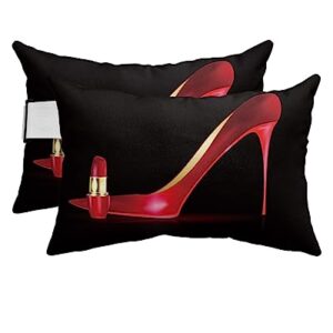 YOKOU Throw Pillow Covers Cases, Red Lipstick High Heel Shose Black Durable Waterproof Cushion Covers with Strap, Ideal for Couches, Cars and Beach Chairs, 4pcs-11"X16"