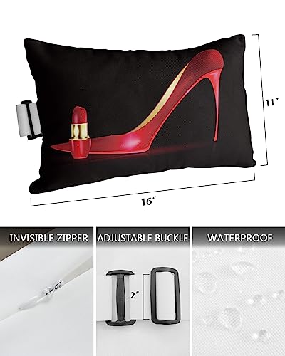 YOKOU Throw Pillow Covers Cases, Red Lipstick High Heel Shose Black Durable Waterproof Cushion Covers with Strap, Ideal for Couches, Cars and Beach Chairs, 4pcs-11"X16"