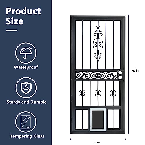 Grisham (Right-Handed) 36" x 80" Metal Tempered Glass Doors Embedded Dog Door and Screen Replacement, Security Front Door, Storm Door