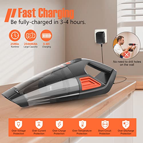 Jeshow Handheld Vacuum Cordless Car Vacuum,9KP Strong Suction Hand Vacuum Cordless,500ml Dust Box Car Vacuum Cleaner,Lightweight Rechargeable Portable Vacuum,Car/Home Handheld Vacuum Cleaner(Orange)