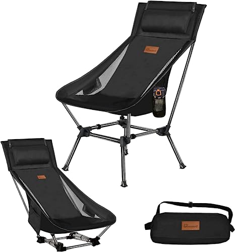 DRAXDOG Camping Chair, 2 Way Compact Backpacking Chair, Portable Folding Chair, Beach Chair with Side Pocket, Lightweight Hiking Chair 001 (Black)