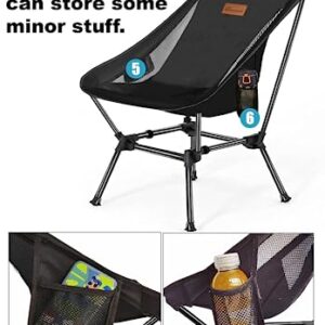 DRAXDOG Camping Chair, 2 Way Compact Backpacking Chair, Portable Folding Chair, Beach Chair with Side Pocket, Lightweight Hiking Chair 001 (Black)