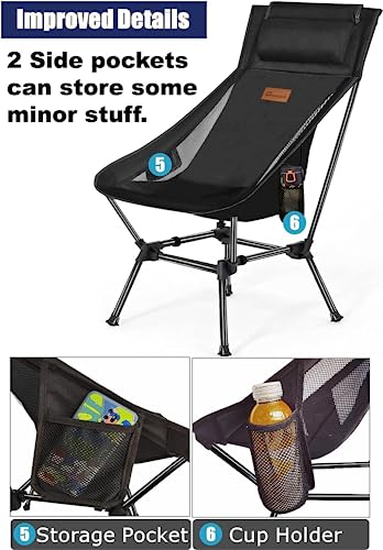 DRAXDOG Camping Chair, 2 Way Compact Backpacking Chair, Portable Folding Chair, Beach Chair with Side Pocket, Lightweight Hiking Chair 001 (Black)