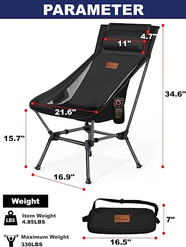DRAXDOG Camping Chair, 2 Way Compact Backpacking Chair, Portable Folding Chair, Beach Chair with Side Pocket, Lightweight Hiking Chair 001 (Black)