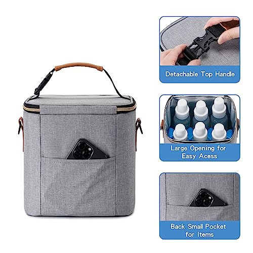 BABEYER Breastmilk Cooler Bag with Ice Pack Fits 6 Baby Bottles Up to 9 Ounce, Baby Bottle Bag with Shoulder Strap for Nursing Mom Daycare, Grey