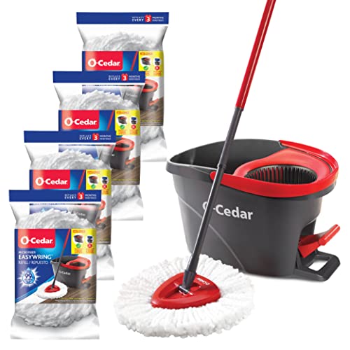 O-Cedar Easywring Microfiber Spin Mop & Bucket Floor Cleaning System with 4 Extra Refills,Red, Gray & PACS Hard Floor Cleaner, Crisp Citrus Scent 10ct | Made with Naturally-Derived Ingredients