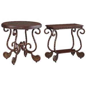 signature design by ashley rafferty ornate round end table with decorative metal detail, dark brown & rafferty vintage inspired rectangular open chairside end table, dark brown