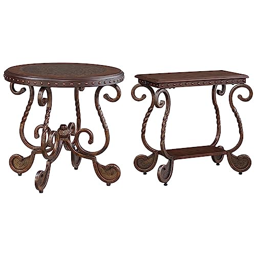 Signature Design by Ashley Rafferty Ornate Round End Table with Decorative Metal Detail, Dark Brown & Rafferty Vintage Inspired Rectangular Open Chairside End Table, Dark Brown