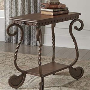 Signature Design by Ashley Rafferty Ornate Round End Table with Decorative Metal Detail, Dark Brown & Rafferty Vintage Inspired Rectangular Open Chairside End Table, Dark Brown