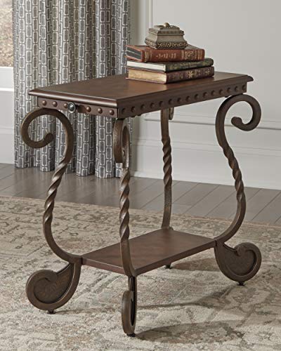 Signature Design by Ashley Rafferty Ornate Round End Table with Decorative Metal Detail, Dark Brown & Rafferty Vintage Inspired Rectangular Open Chairside End Table, Dark Brown