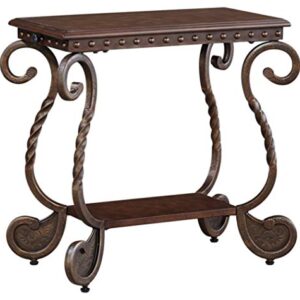 Signature Design by Ashley Rafferty Ornate Round End Table with Decorative Metal Detail, Dark Brown & Rafferty Vintage Inspired Rectangular Open Chairside End Table, Dark Brown
