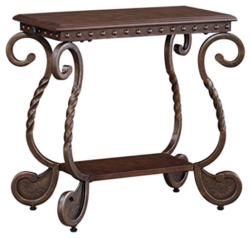 Signature Design by Ashley Rafferty Ornate Round End Table with Decorative Metal Detail, Dark Brown & Rafferty Vintage Inspired Rectangular Open Chairside End Table, Dark Brown