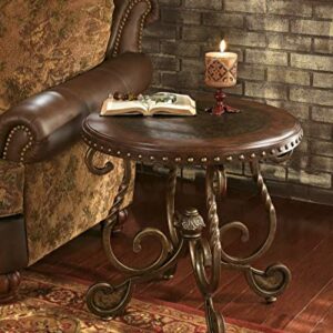 Signature Design by Ashley Rafferty Ornate Round End Table with Decorative Metal Detail, Dark Brown & Rafferty Vintage Inspired Rectangular Open Chairside End Table, Dark Brown