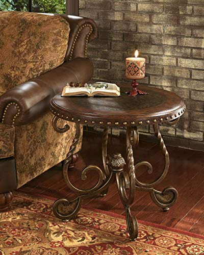 Signature Design by Ashley Rafferty Ornate Round End Table with Decorative Metal Detail, Dark Brown & Rafferty Vintage Inspired Rectangular Open Chairside End Table, Dark Brown