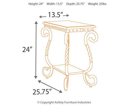 Signature Design by Ashley Rafferty Ornate Round End Table with Decorative Metal Detail, Dark Brown & Rafferty Vintage Inspired Rectangular Open Chairside End Table, Dark Brown