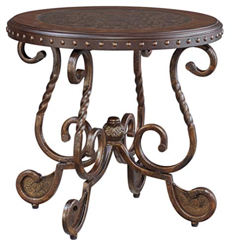 Signature Design by Ashley Rafferty Ornate Round End Table with Decorative Metal Detail, Dark Brown & Rafferty Vintage Inspired Rectangular Open Chairside End Table, Dark Brown