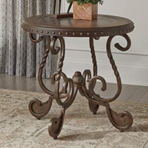 Signature Design by Ashley Rafferty Ornate Round End Table with Decorative Metal Detail, Dark Brown & Rafferty Vintage Inspired Rectangular Open Chairside End Table, Dark Brown