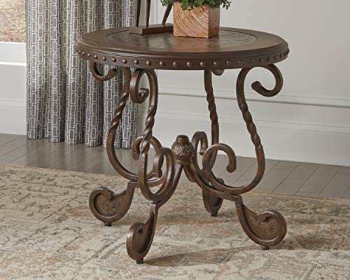 Signature Design by Ashley Rafferty Ornate Round End Table with Decorative Metal Detail, Dark Brown & Rafferty Vintage Inspired Rectangular Open Chairside End Table, Dark Brown